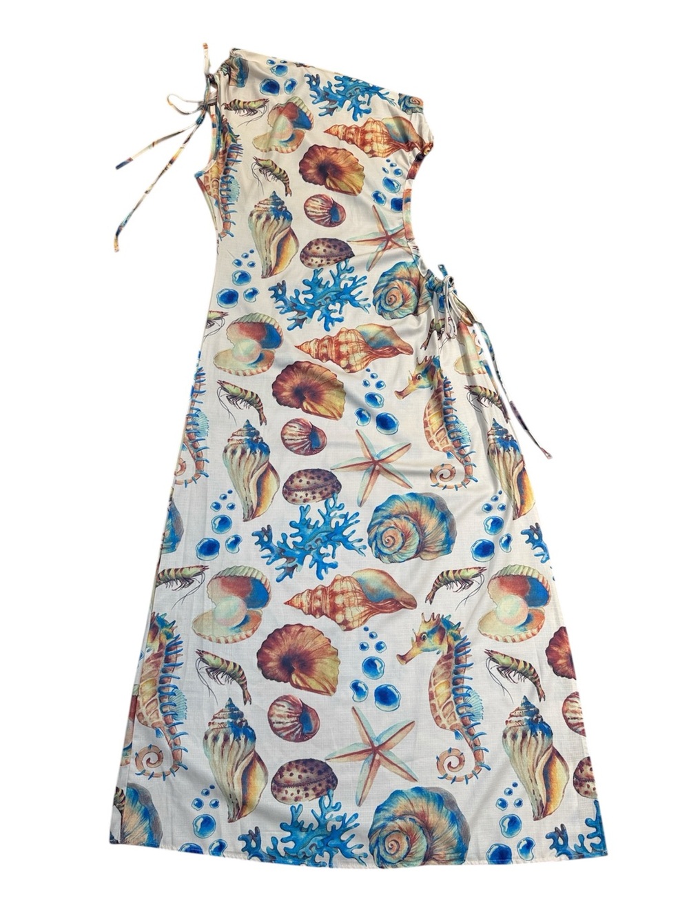 Seashell Print One Shoulder Maxi Dress Lace Up Slit Resort Vacation Size M - Picture 2 of 4